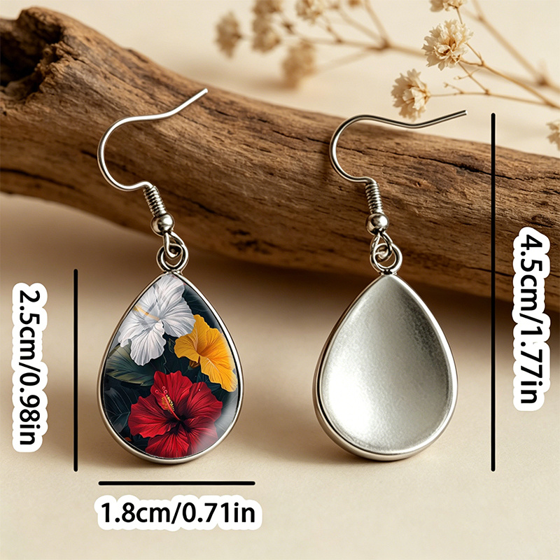Women's Three Colors Hibiscus Flower Tear Drop Glass Cabochon Earrings
